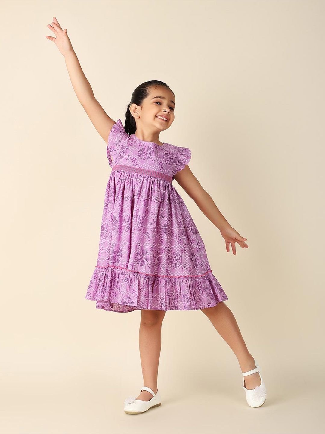 

Fabindia Girls Floral Printed Flutter Sleeves Gathered Cotton A-Line Dress, Lavender