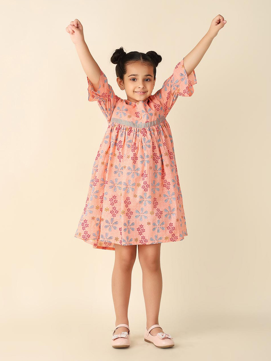

Fabindia Girls Floral Printed Bell Sleeves Cotton A-Line Dress, Pink