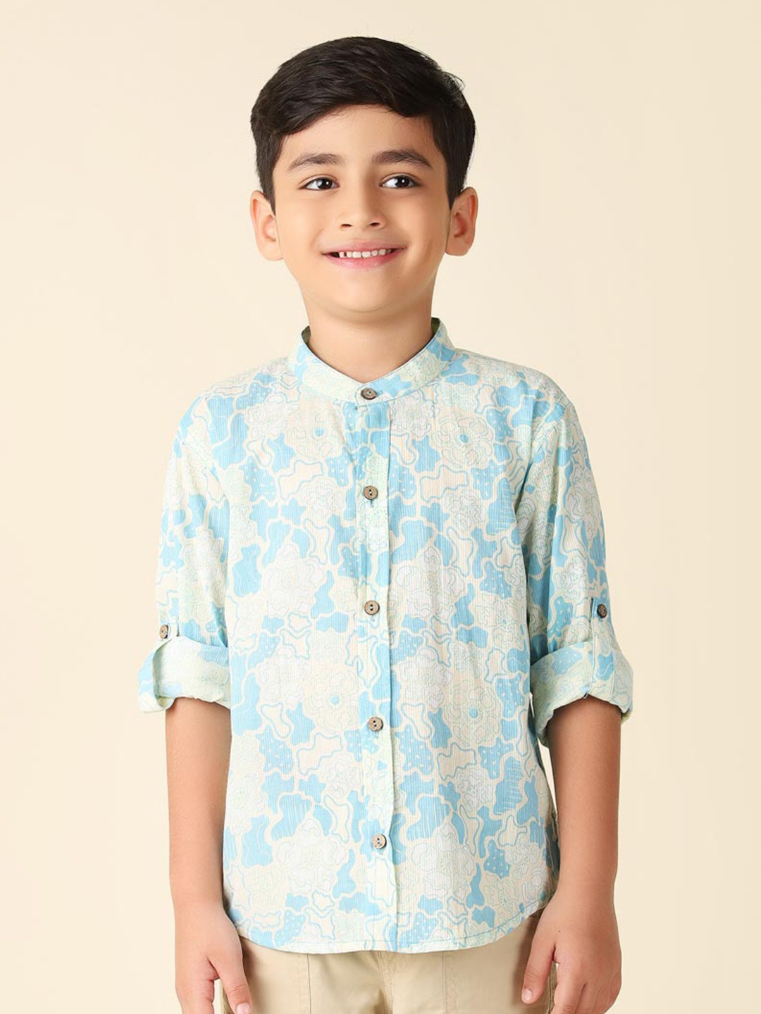 

Fabindia Boys Floral Printed Band Collar Cotton Casual Shirt, Blue