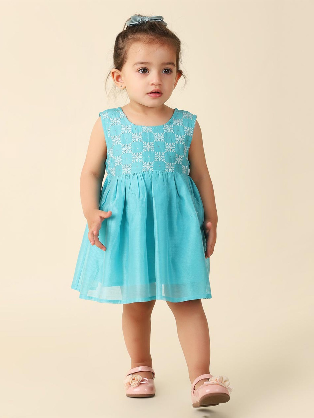 

Fabindia Infants Girls Floral Embroidered Gathered A-Line Dress, Blue