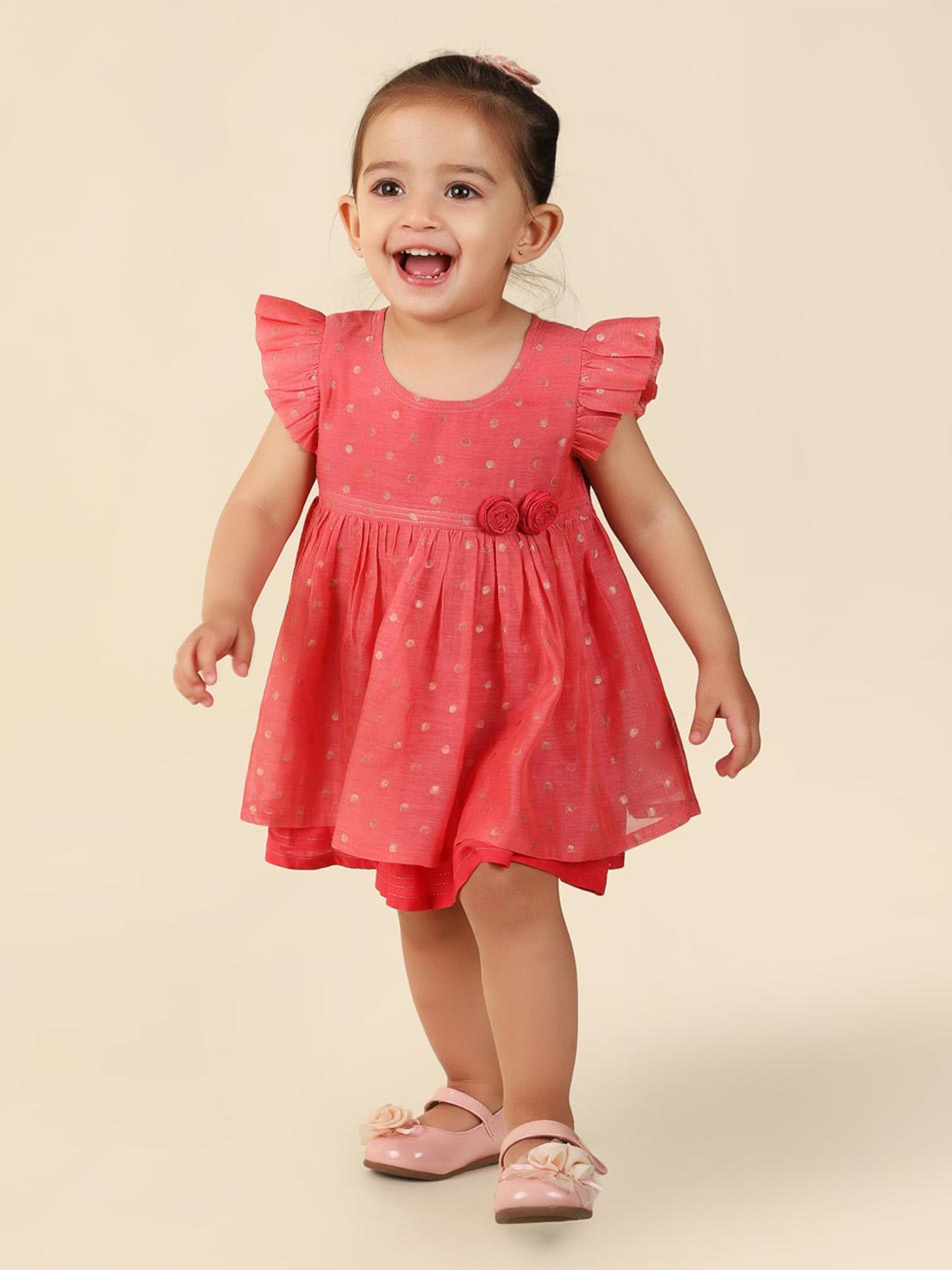 

Fabindia Infants Girls Polka Dots Printed Gathered Fit & Flare Dress, Coral