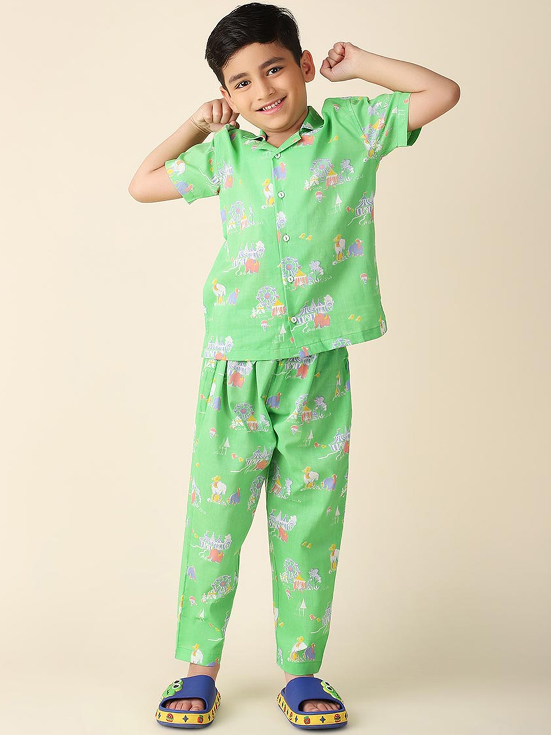 

Fabindia Boys Conversational Printed Cotton Night suit, Green