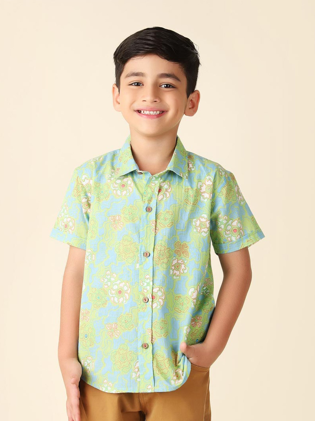 

Fabindia Boys Floral Printed Cotton Casual Shirt, Blue