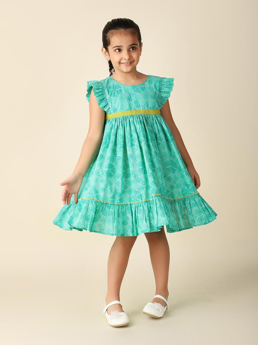 

Fabindia Geometric Printed Flutter Sleeves A-Line Cotton Dress, Green