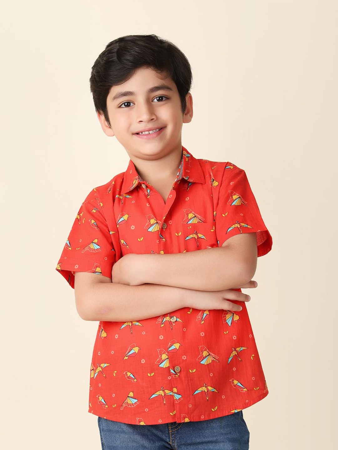 

Fabindia Boys Conversational Printed Cotton Casual Shirt, Red