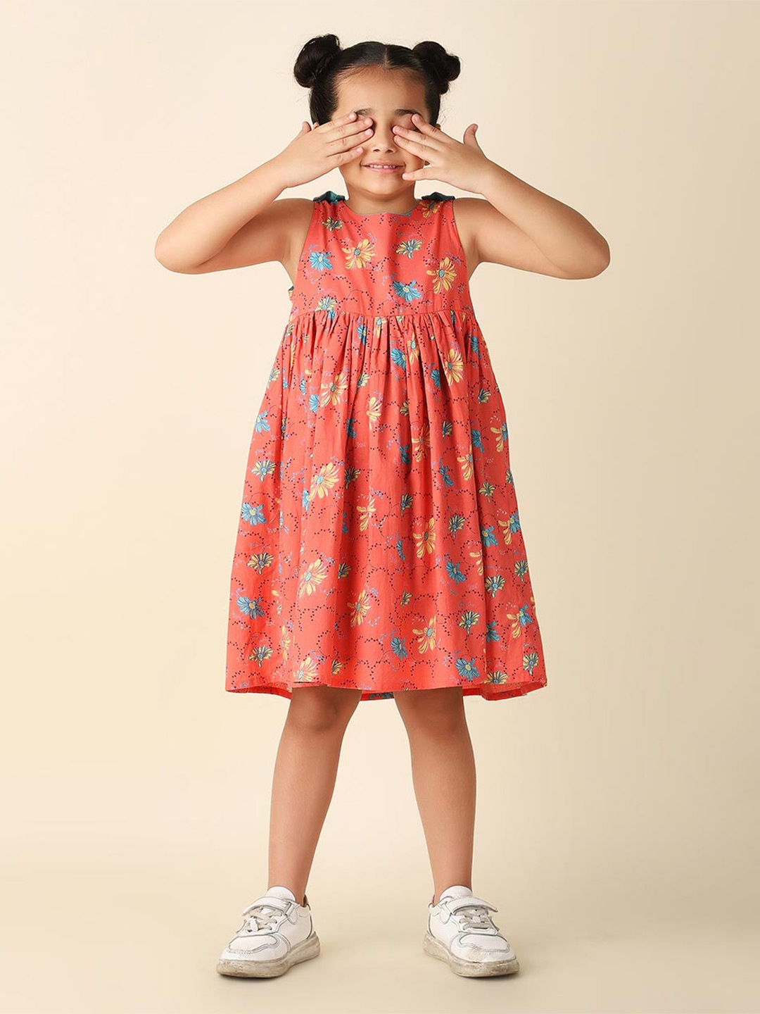 

Fabindia Girls Floral Printed Gathered Cotton A-Line Dress, Coral
