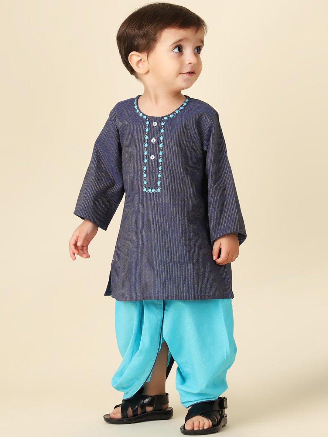 

Fabindia Infant Boys Striped Thread Work Kurta with Dhoti Pants, Navy blue