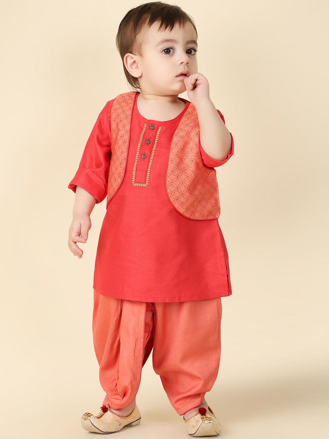 

Fabindia Infant Boys Kurta with Dhoti Pants & Jacket, Red