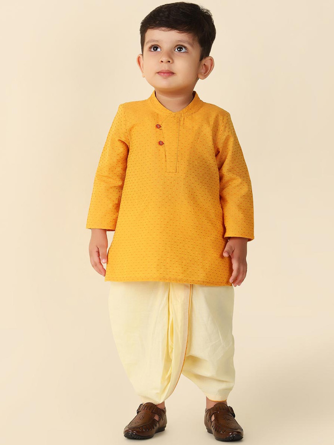 

Fabindia Infant Boys Woven Design Pure Cotton Kurta with Dhoti Pants, Yellow