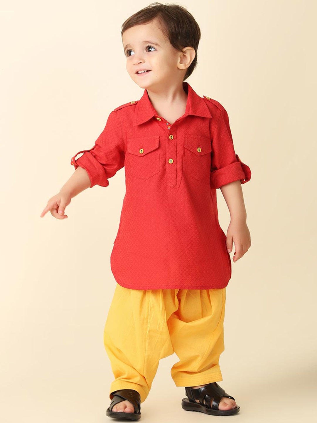 

Fabindia Infant Boys Shirt Collar Regular Pure Cotton Kurta with Salwar, Red
