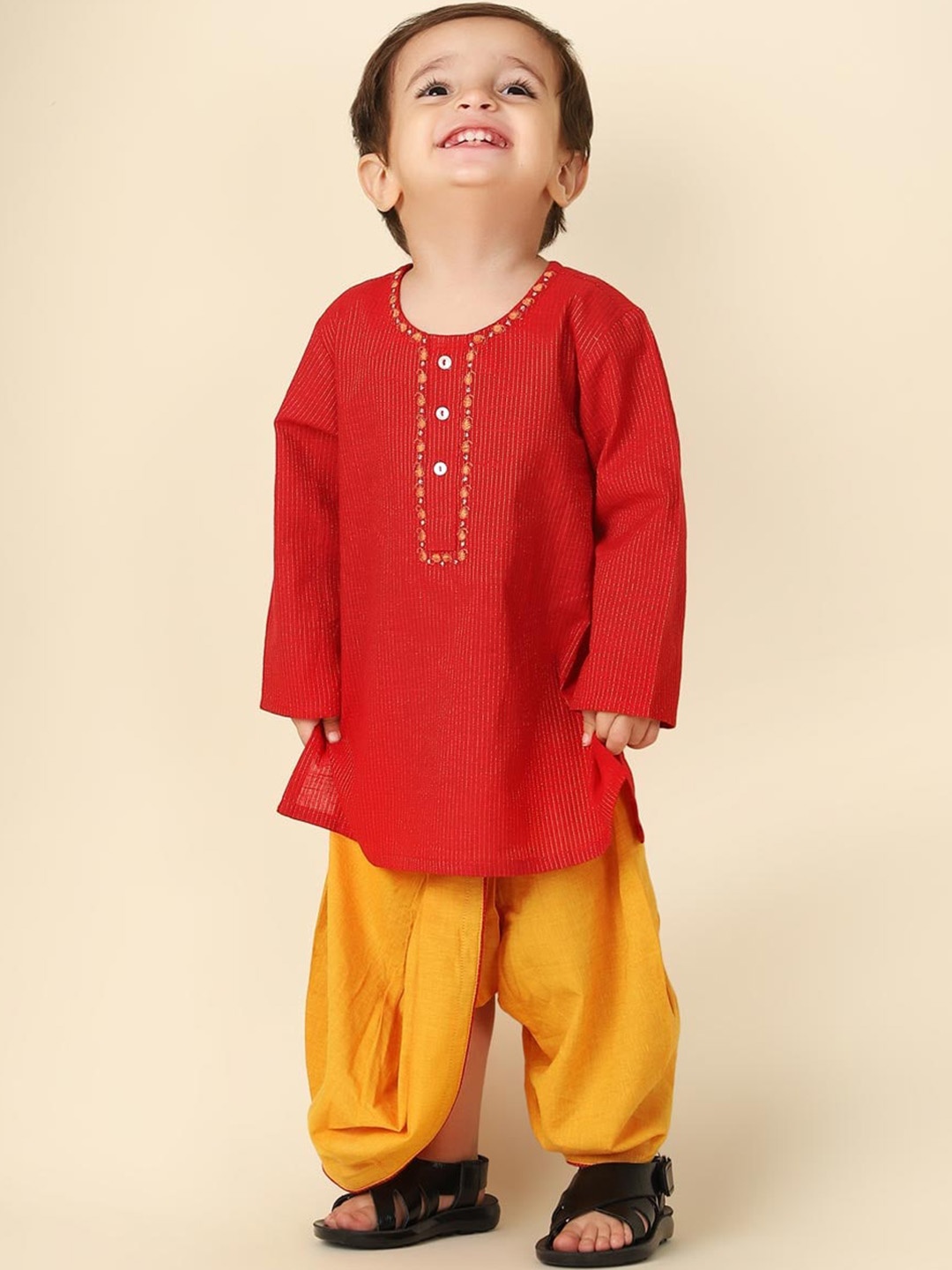 

Fabindia Infant Boys Striped Thread Work Kurta with Dhoti Pants, Red