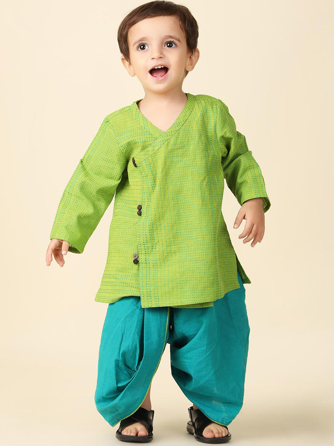 

Fabindia Infant Boys Striped V-Neck Angrakha Pure Cotton Kurta with Dhoti Pants, Green