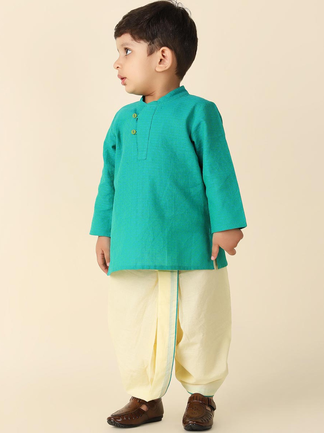 

Fabindia Infant Boys Band Collar Pure Cotton Kurta with Dhoti Pants, Teal