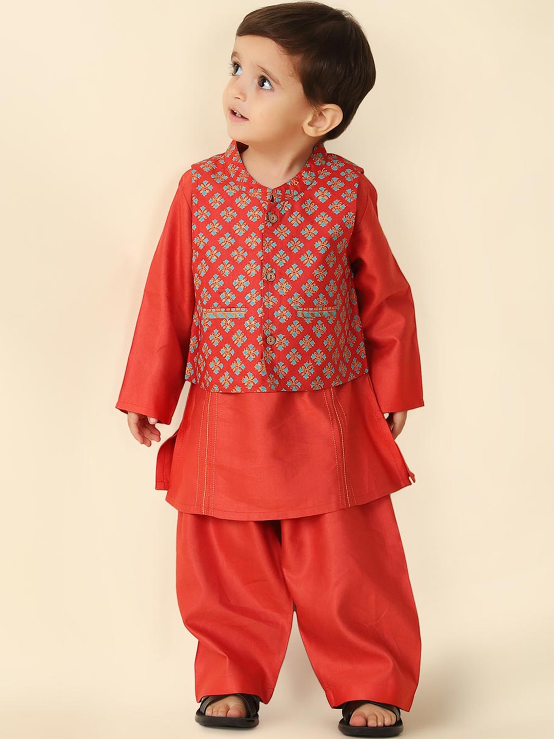 

Fabindia Infant Boys Mandarin Collar Kurta with Pyjamas & Nehru jacket, Red