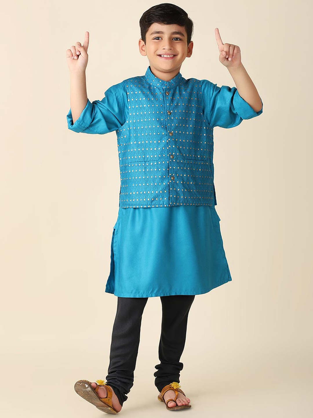 

Fabindia Boys Mandarin Collar Kurta With Pyjamas & Nehru jacket, Blue