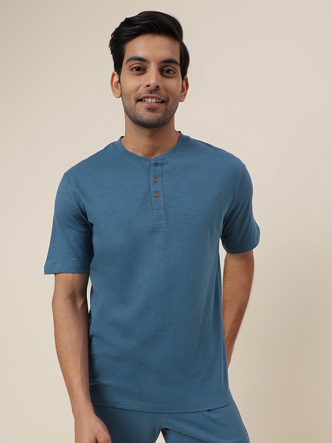 

Fabindia Band Collar Regular Sleeves Cotton Regular T-shirt, Blue