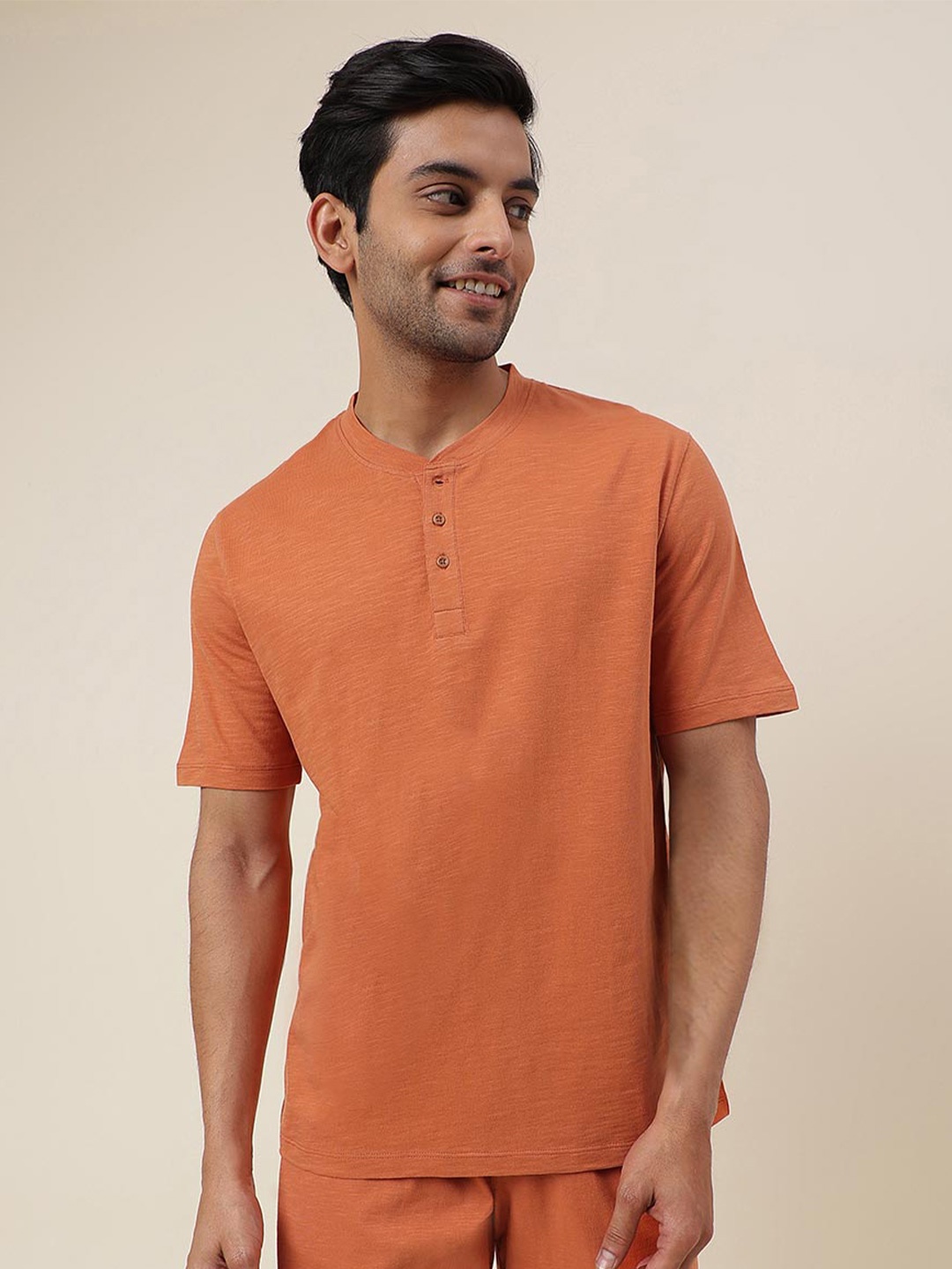 

Fabindia Band Collar Regular Sleeves Cotton Regular T-shirt, Rust