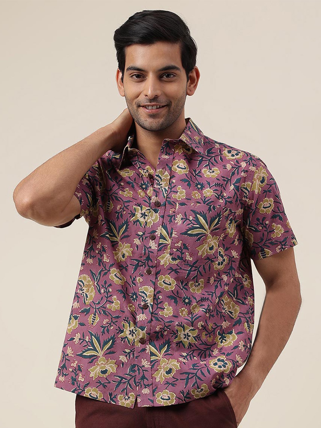 

Fabindia Floral Block Printed Cotton Shirt, Purple