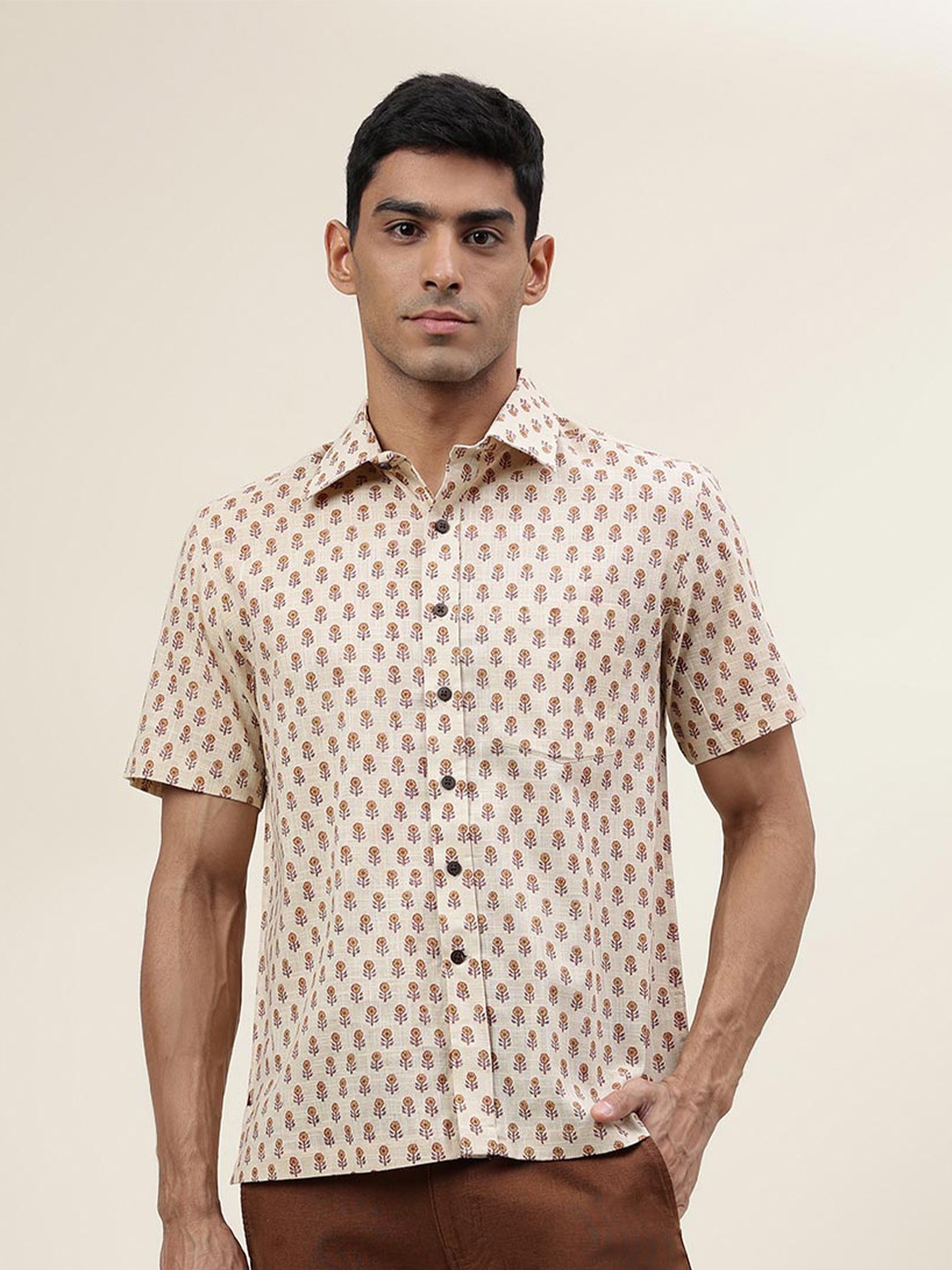

Fabindia Floral Printed Spread Collar Cotton Casual Shirt, Beige