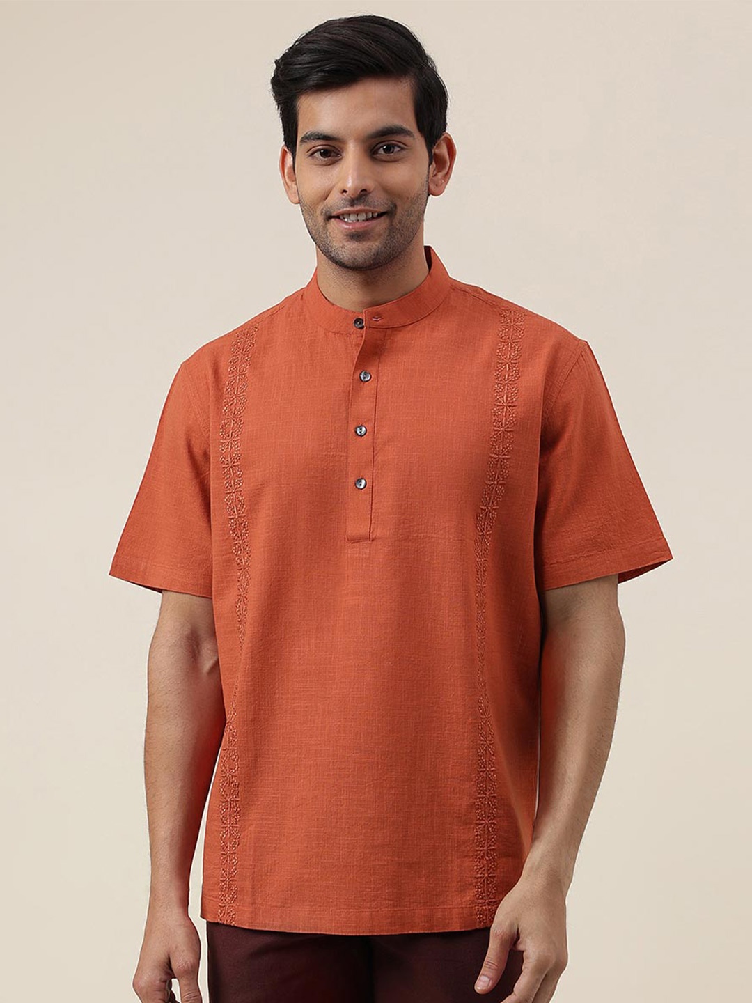 

Fabindia Ethnic Motifs Embroidered Band Collar Cotton Straight Kurta, Rust