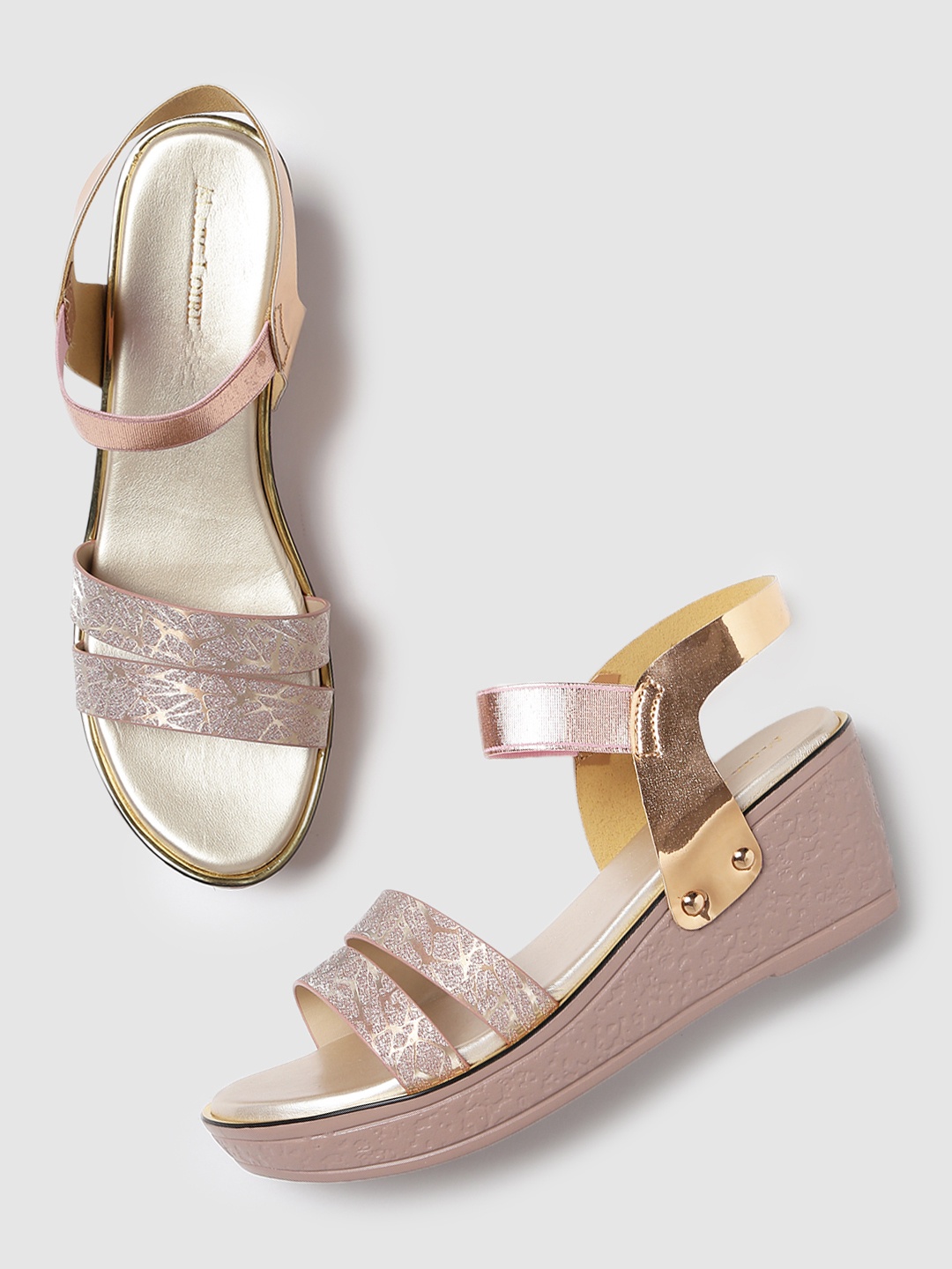 

Marc Loire Textured Open Toe Wedges With Backstrap, Rose gold