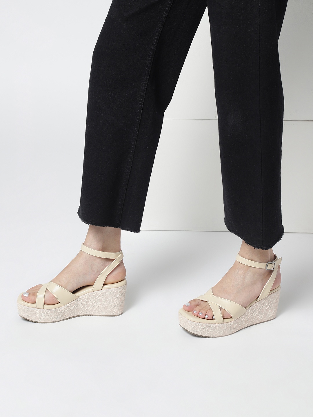 

Marc Loire Cross Strap Textured Open Toe Wedges With Ankle Loop, Cream