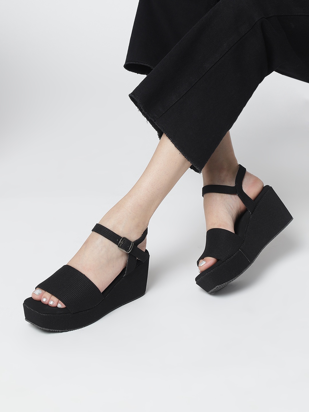 

Marc Loire Textured Open Toe Wedges With Buckle Closure, Black