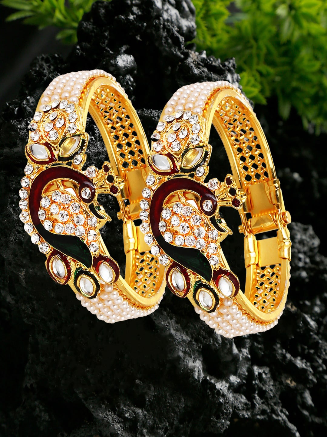 

YouBella Set Of 2 Gold-Plated Stone-Studded & Beaded Bangles