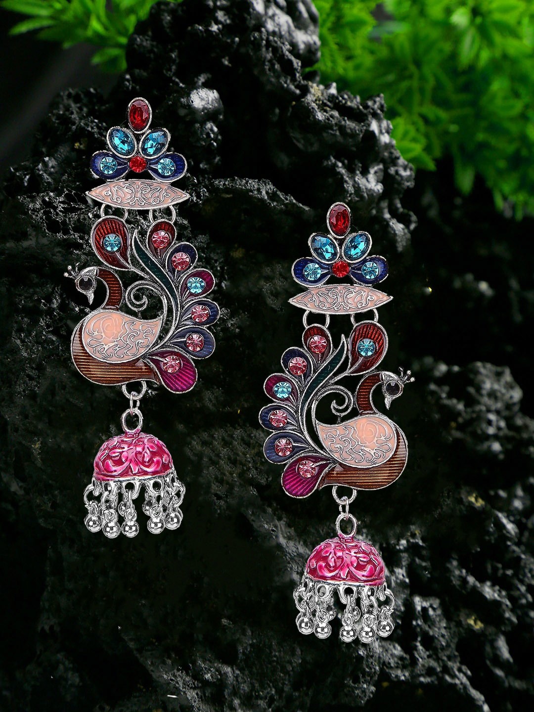 

YouBella Silver Plated Peacock Shaped Jhumkas