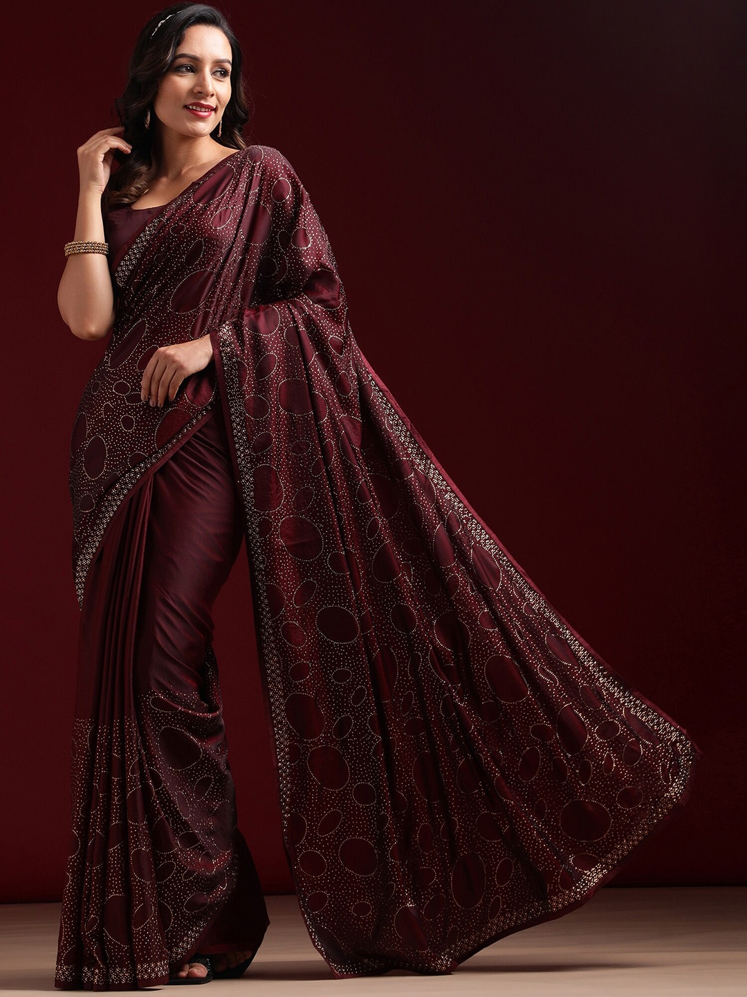 

kasee Geometric Embellished Beads and Stones Satin Saree, Burgundy