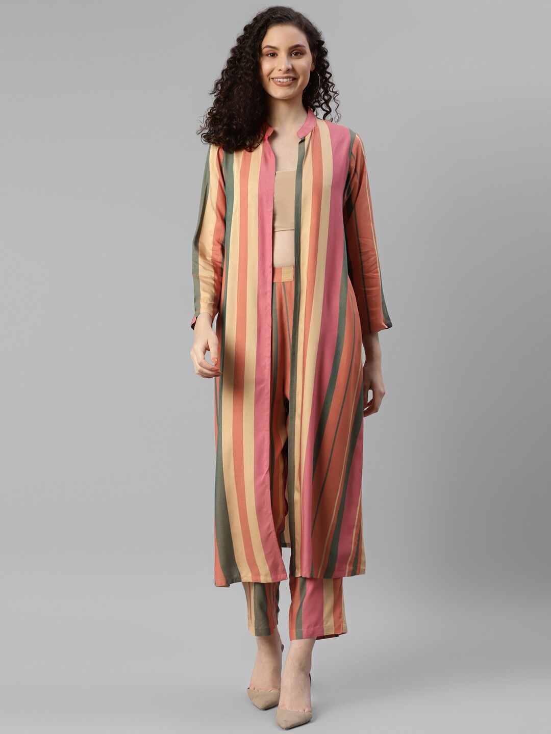 

DEEBACO Striped Boat Neck Coat With Trousers, Beige