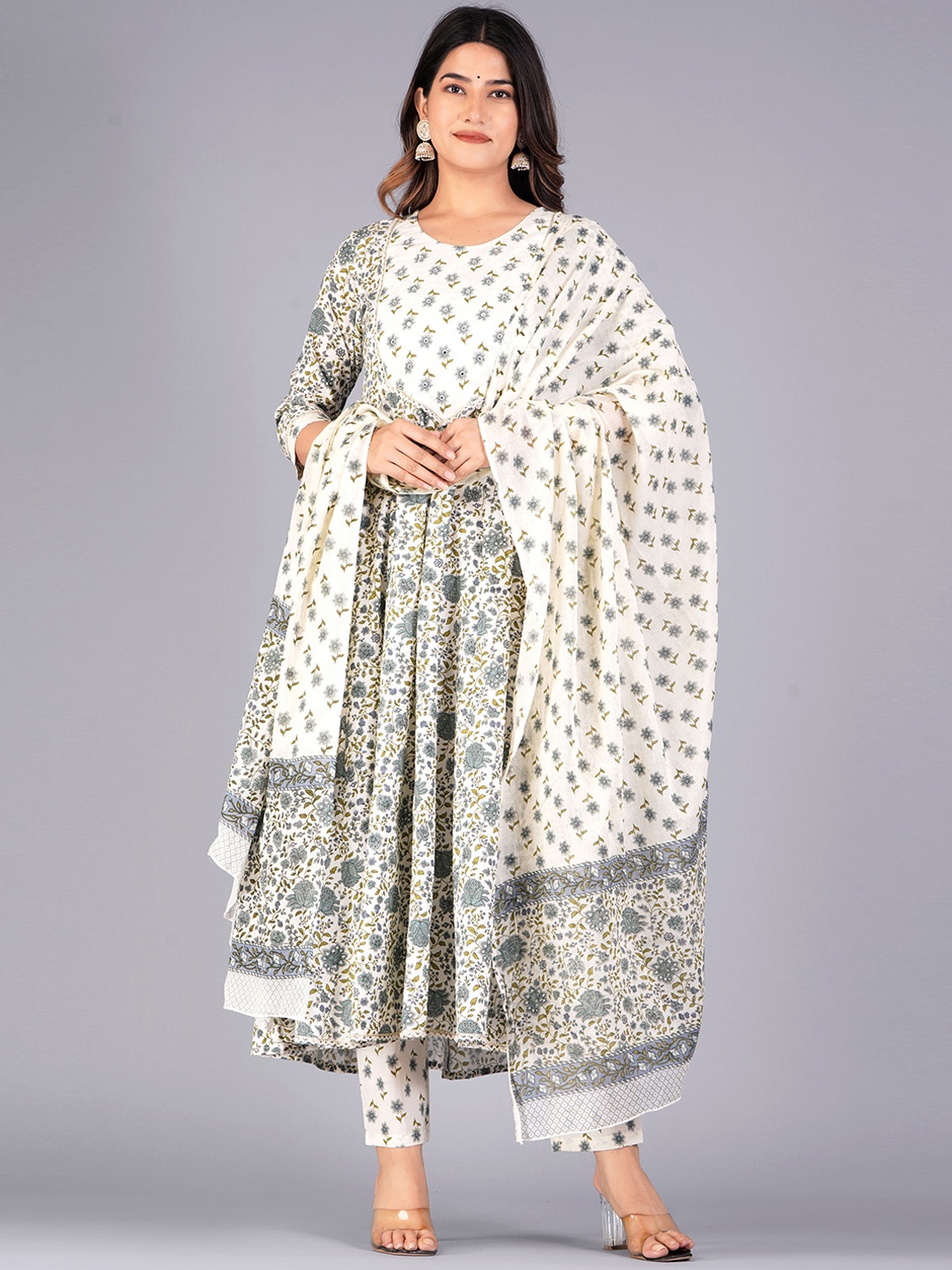 

KALINI Ethnic R0und Neck Motifs Printed Pure Cotton Anarkali Kurta & Trousers With Dupatta, White