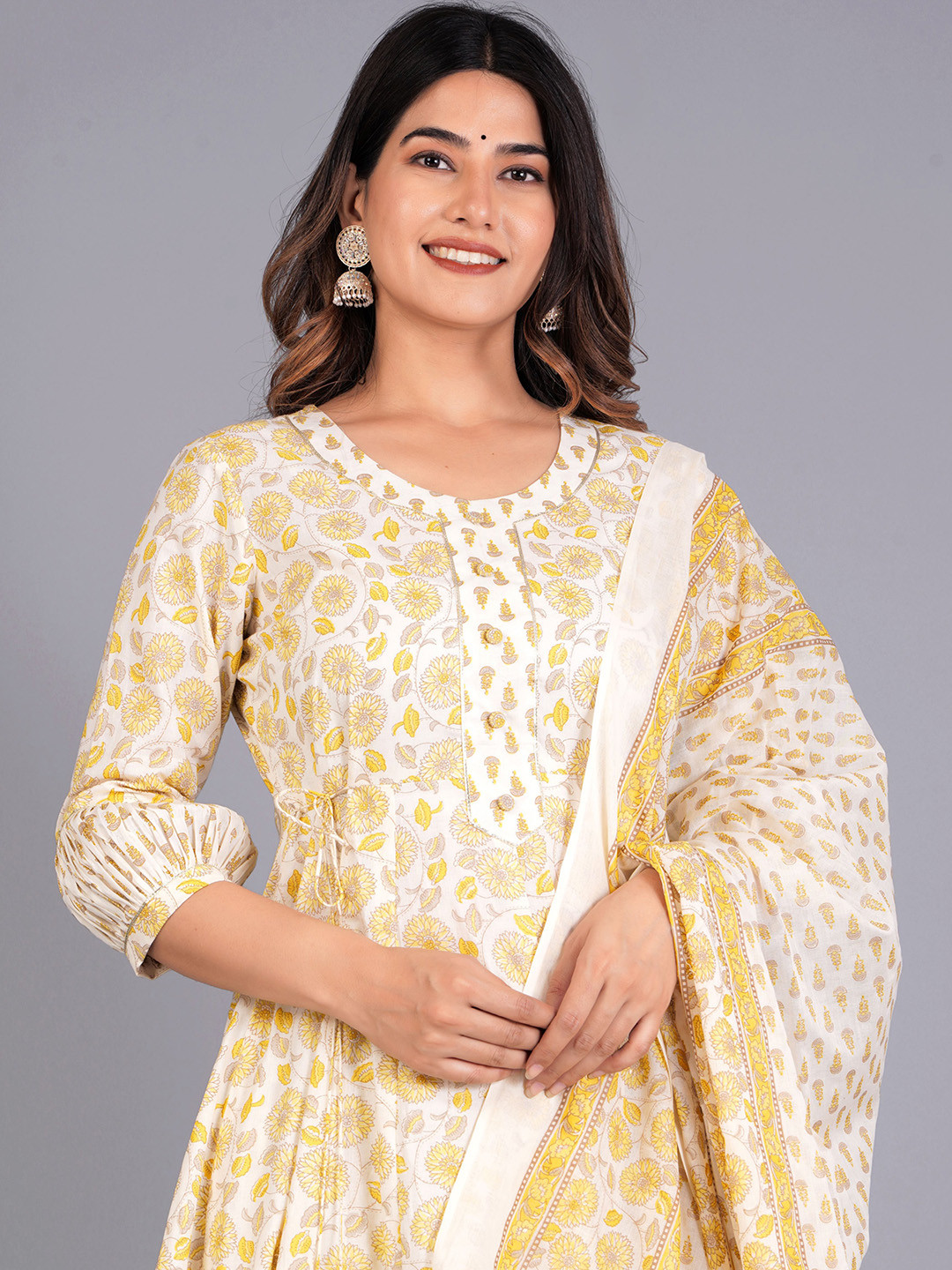 

KALINI Floral Printed Regular Gotta Patti Pure Cotton Kurta with Trousers & Dupatta, Yellow