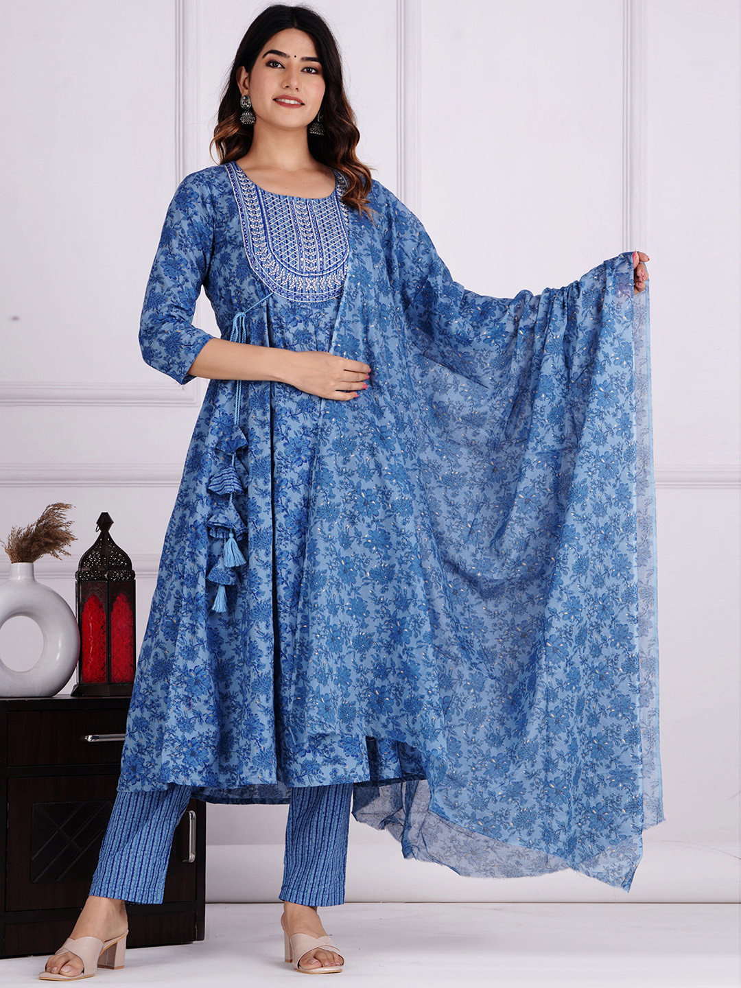 

KALINI Floral Printed Thread Work Pure Cotton Anarkali Kurta with Trousers and Dupatta, Blue