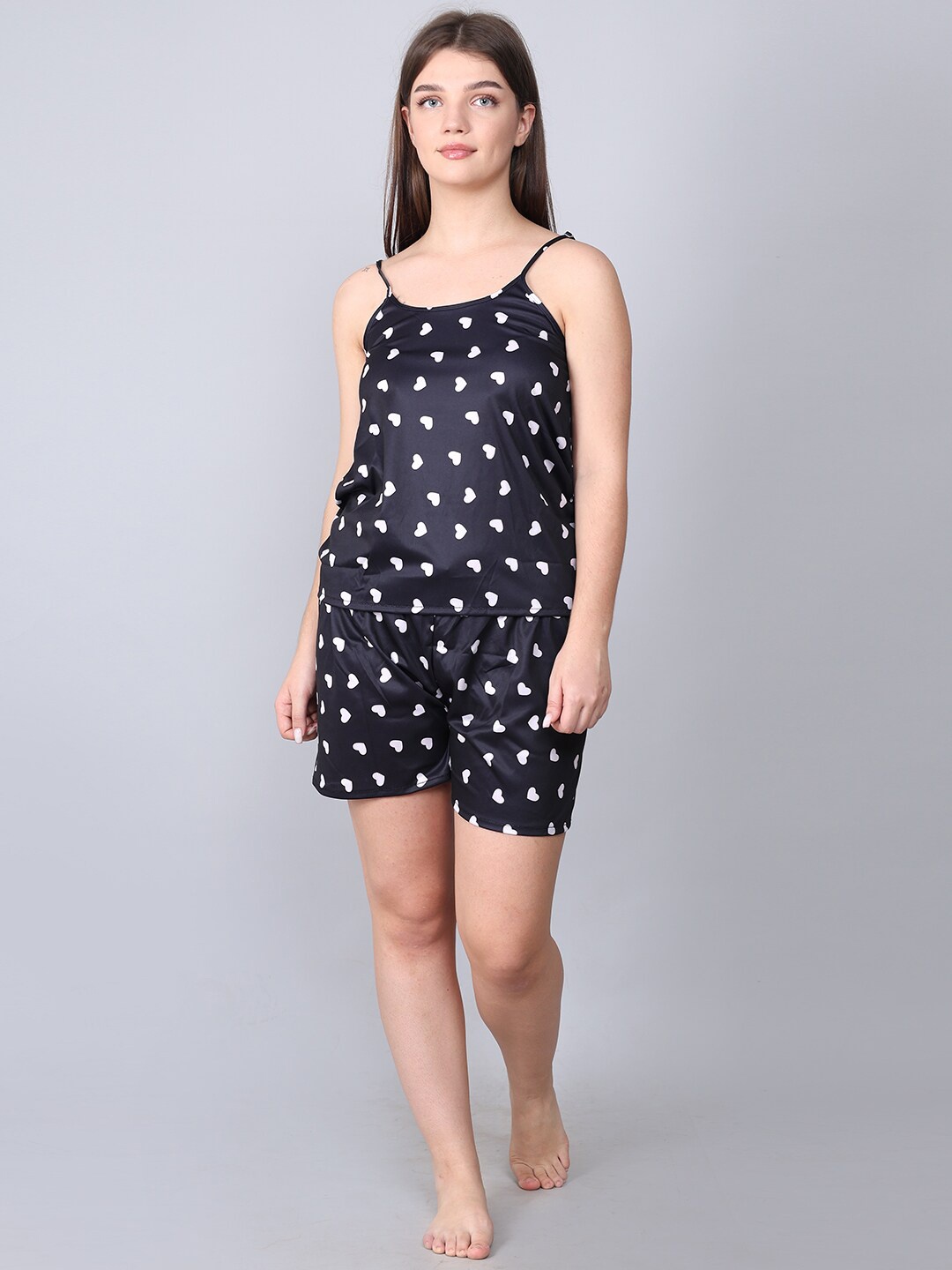 

XPIOX Polka Dots Printed Night suit, Black