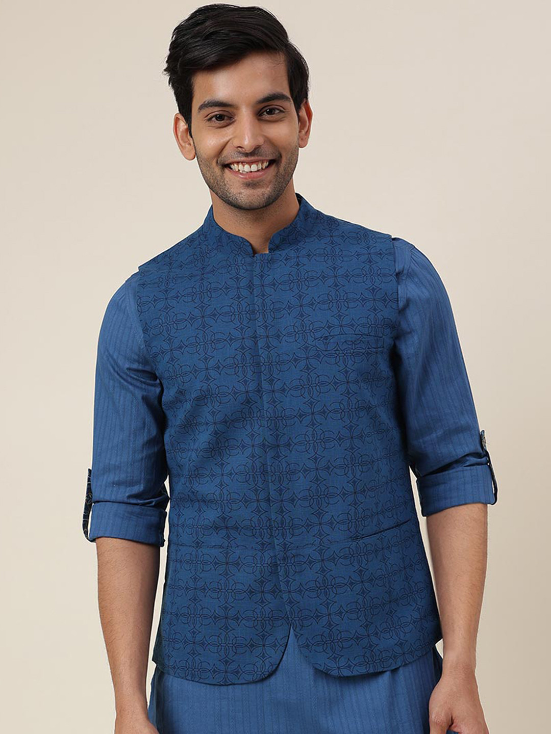 

Fabindia FabBasic Printed Pure Cotton Nehru Jacket, Blue