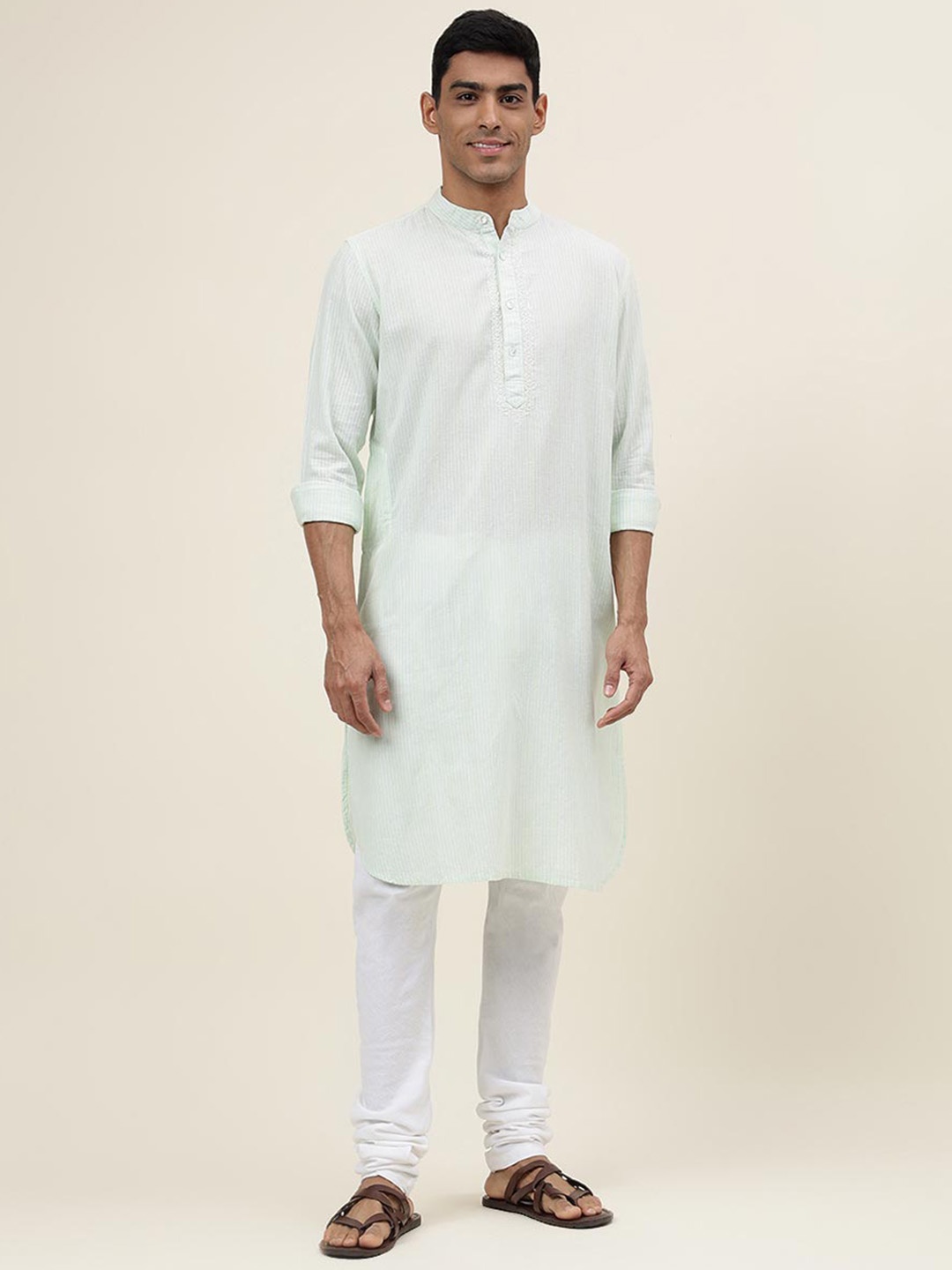 

Fabindia Men Striped Mandarin Collar With Thread Work Cotton Straight Kurta, Green