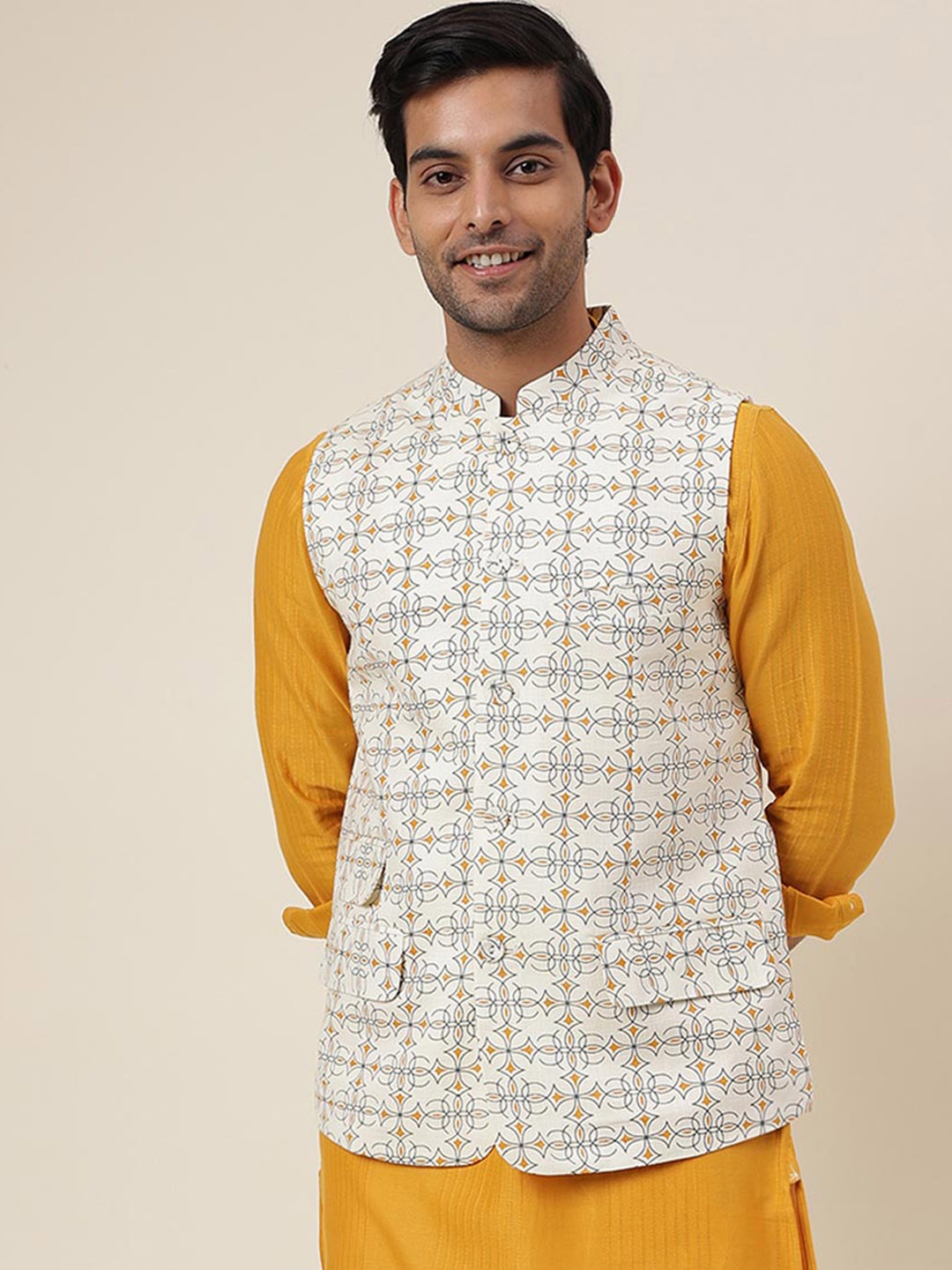 

Fabindia FabBasic Printed Pure Cotton Nehru Jacket, Off white