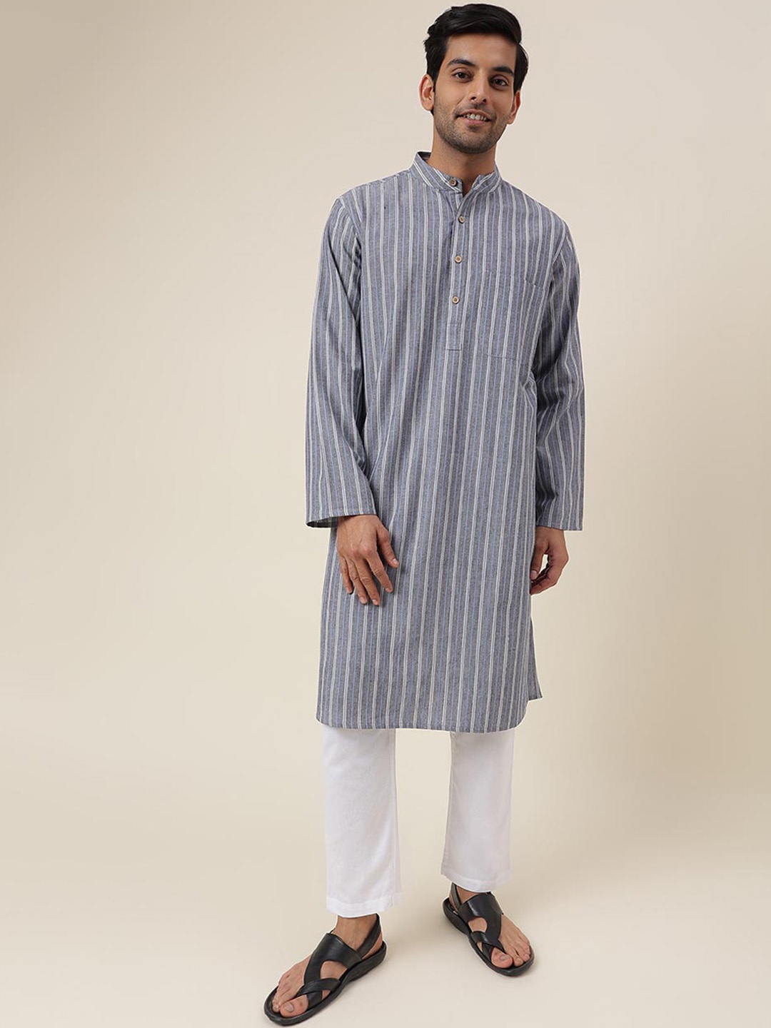 

Fabindia Striped Band Collar Long Sleeve Kurta, Grey