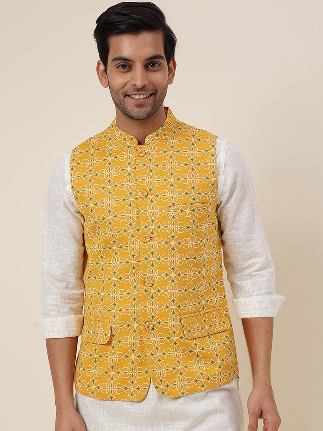 

Fabindia FabBasic Printed Pure Cotton Nehru Jacket, Yellow