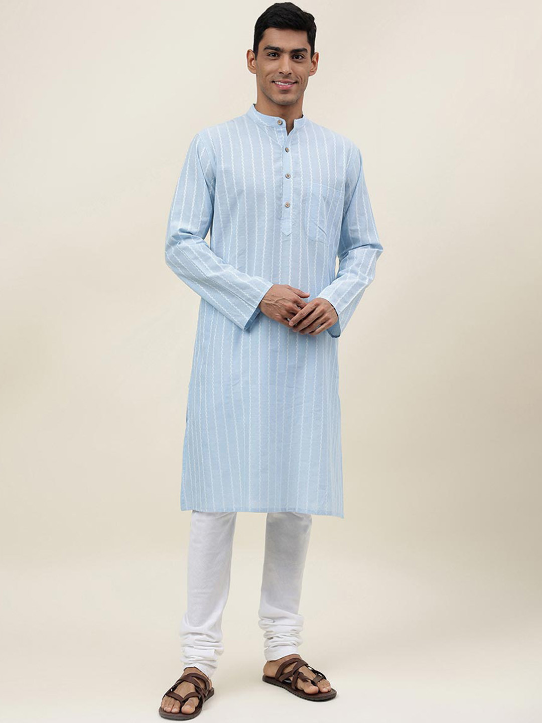 

Fabindia Striped Band Collar Long Sleeve Kurta, Blue