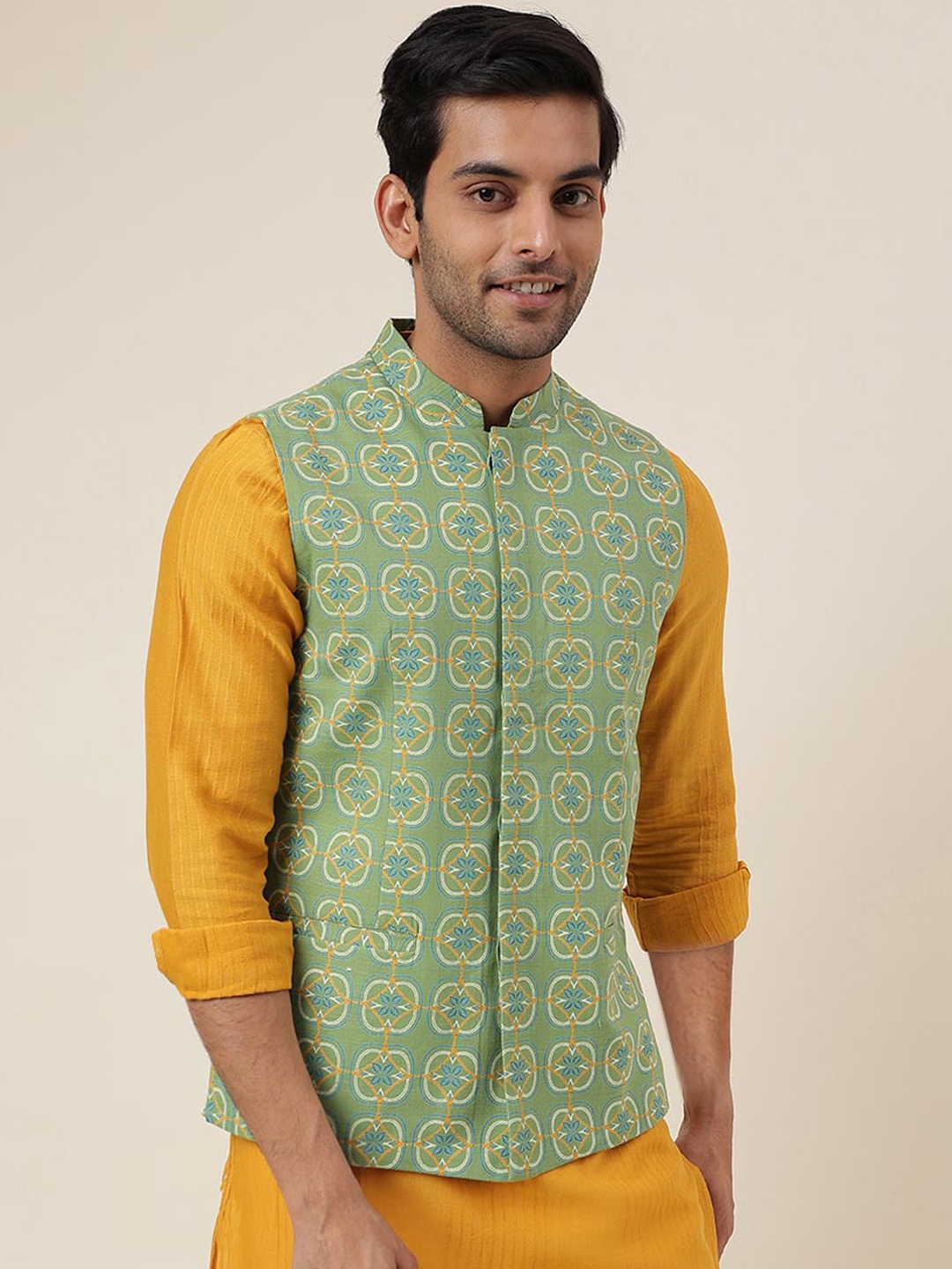 

Fabindia FabBasic Printed Pure Cotton Nehru Jacket, Green