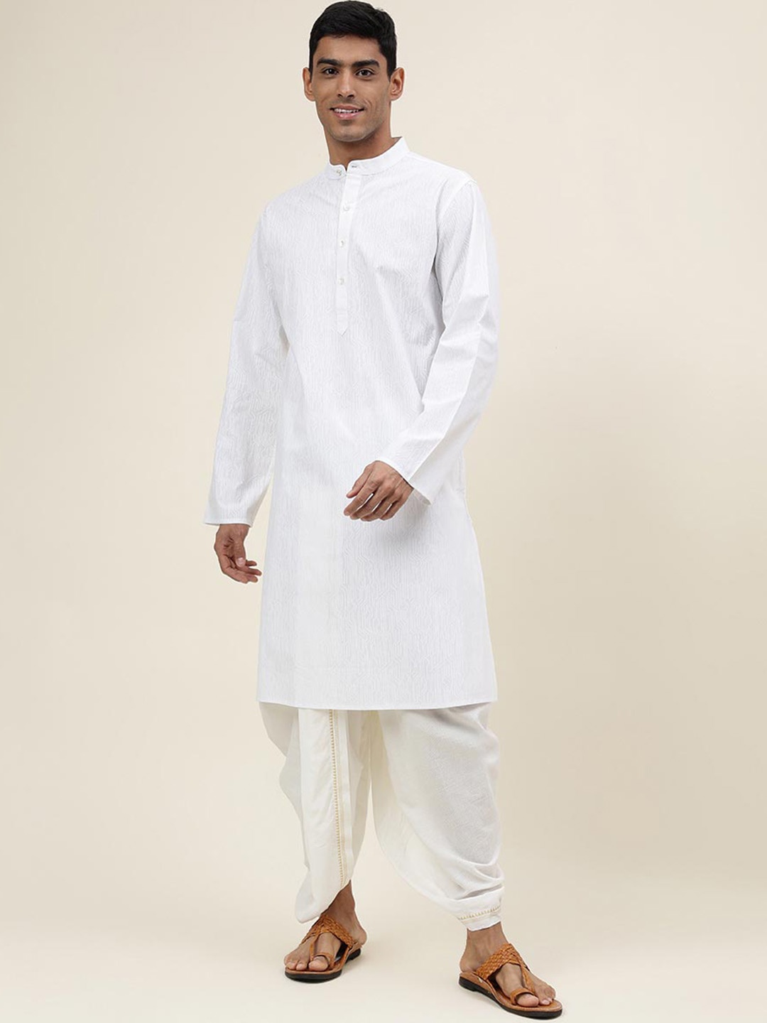 

Fabindia Self Design Band Collar Long Sleeve Cotton Kurta, White