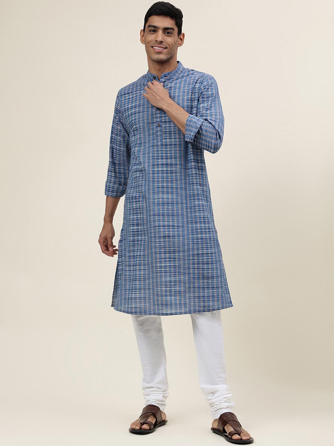 

Fabindia Checked Band Collar Long Sleeve Kurta, Blue