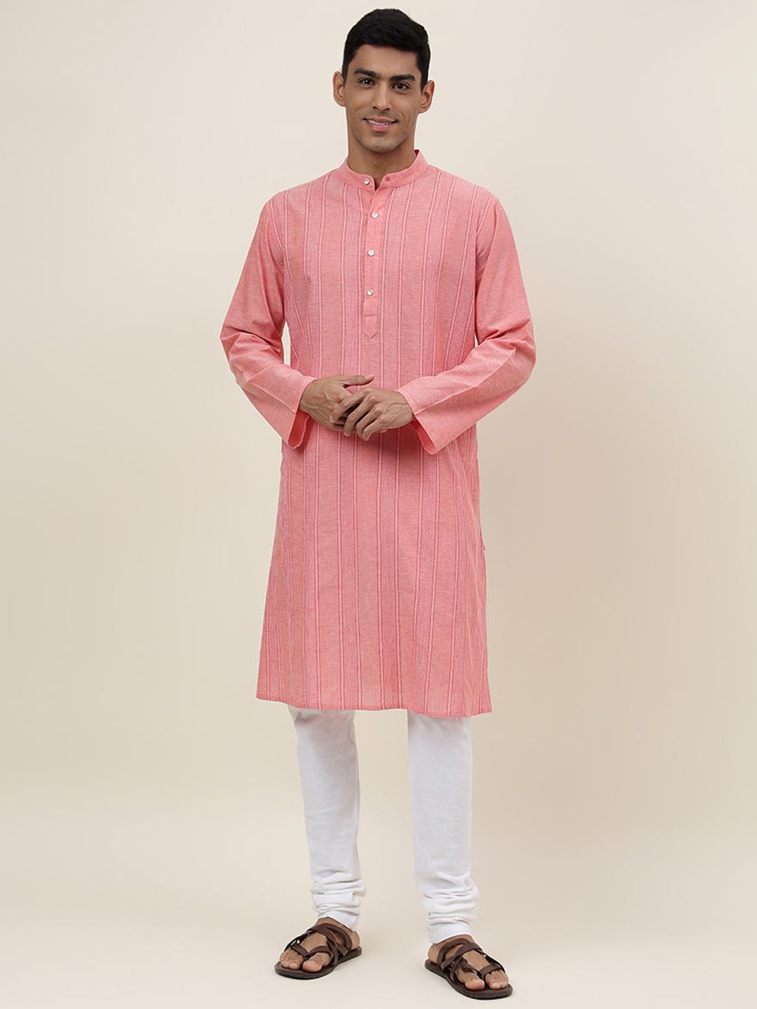 

Fabindia Striped Band Collar Long Sleeve Straight Kurta, Pink