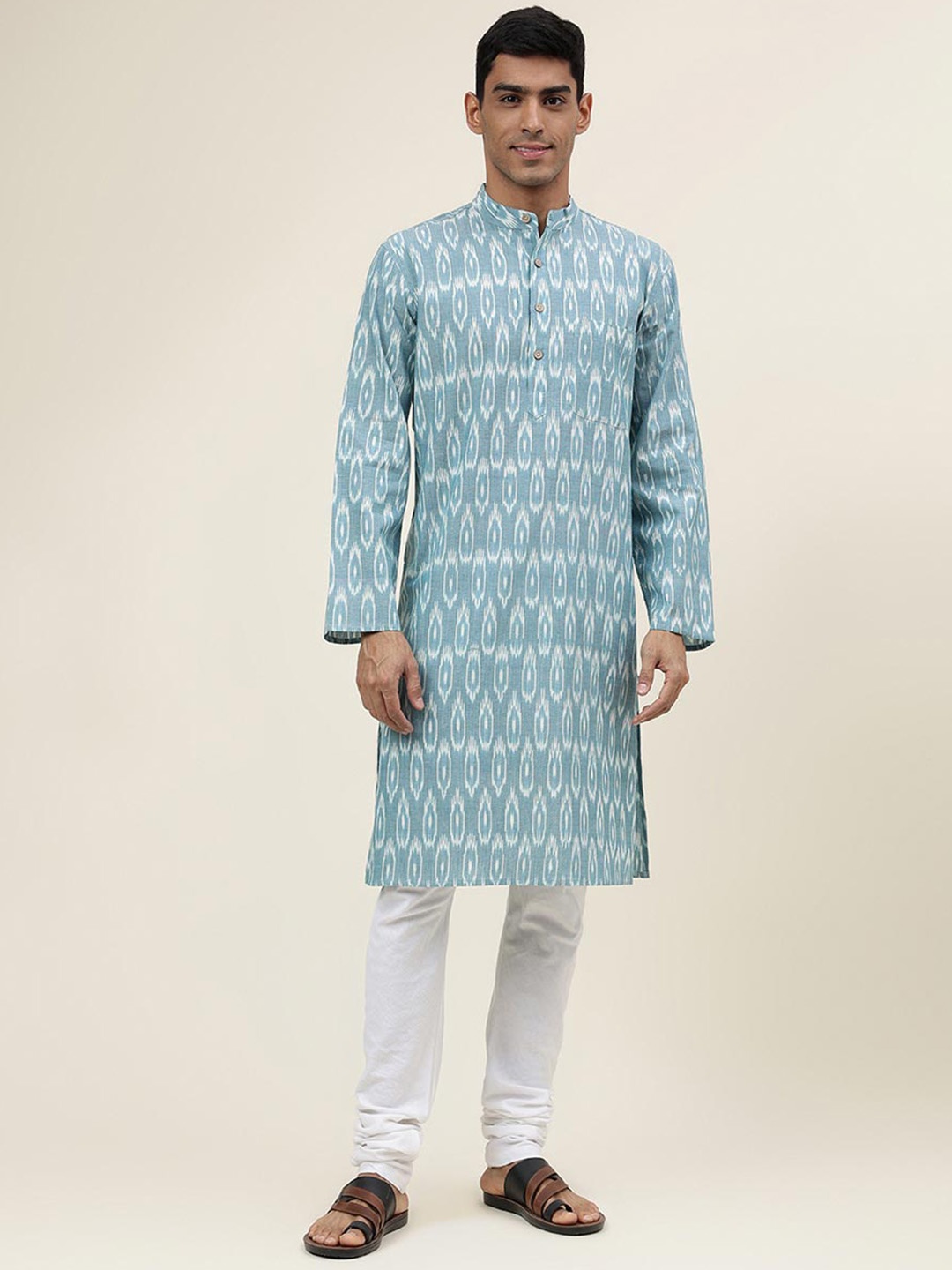 

Fabindia Ikat Band Collar Long Sleeve Kurta, Blue
