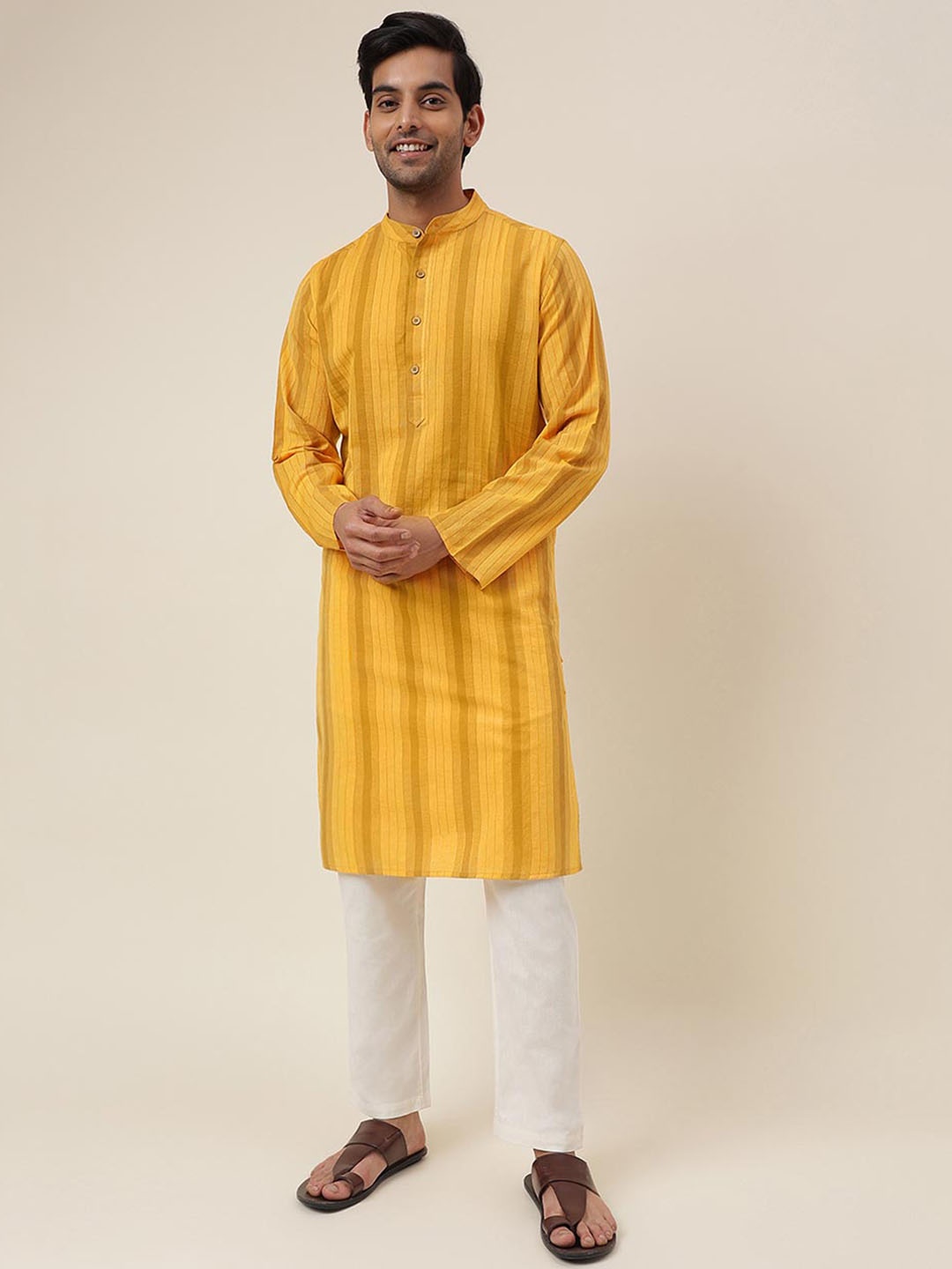 

Fabindia Striped Band Collar long Sleeves Kurta, Yellow