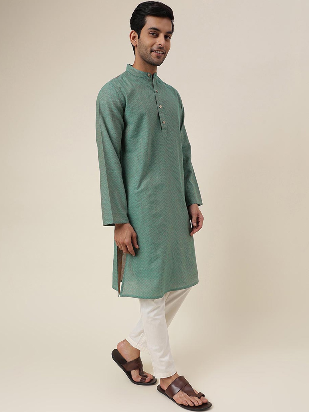 

Fabindia Chevron Band Collar Kurta, Green