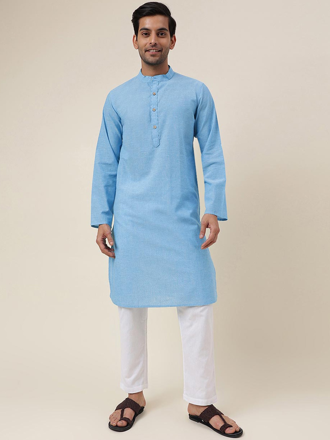 

Fabindia Band Collar Long Sleeves Kurta, Blue