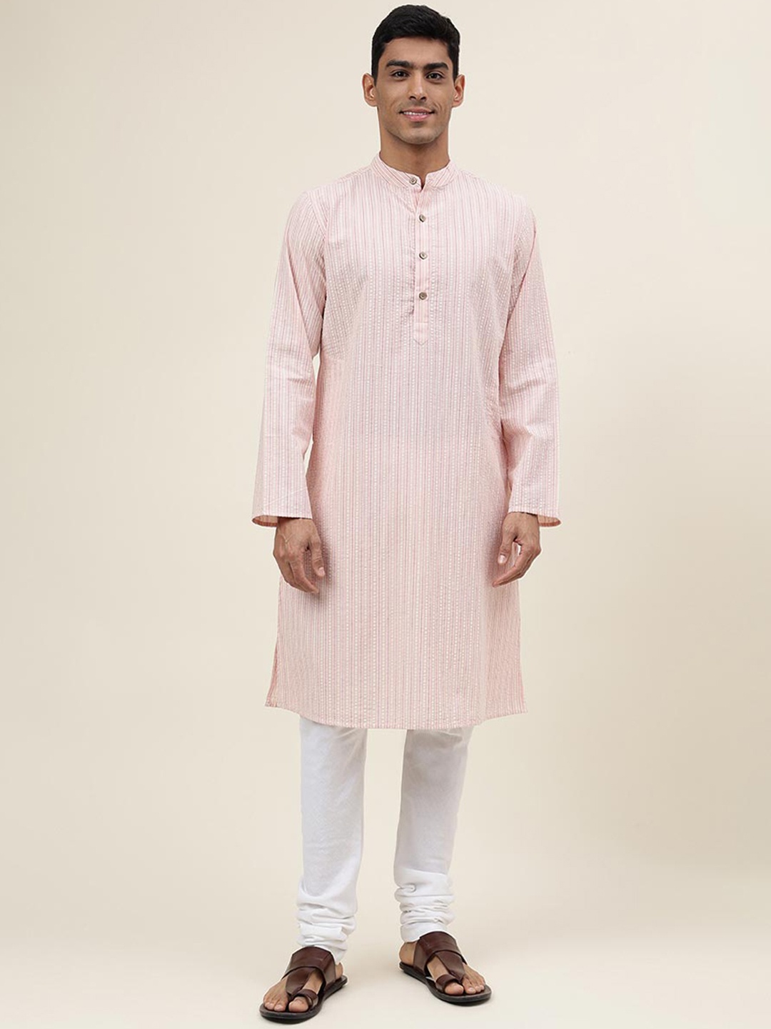 

Fabindia Striped Band Collar Long Sleeve Kurta, Pink